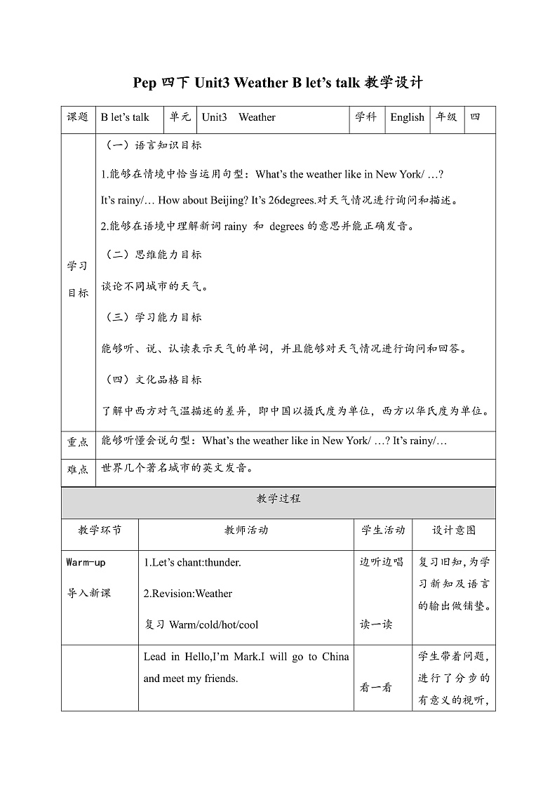 【核心素养】人教PEP版四年级下英语Unit 3 Weather PartB Let’s talk（PPT课件+教案+习题）01