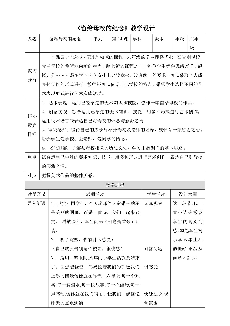 【核心素养】人美版美术六年级下册14《留给母校的纪念》教案第1页