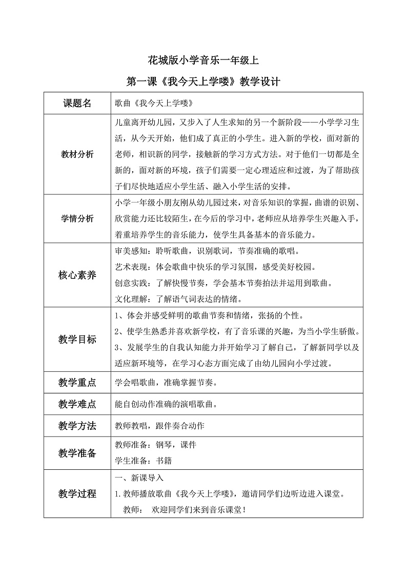 花城版1上音乐第一课《我今天上学喽》教案第1页