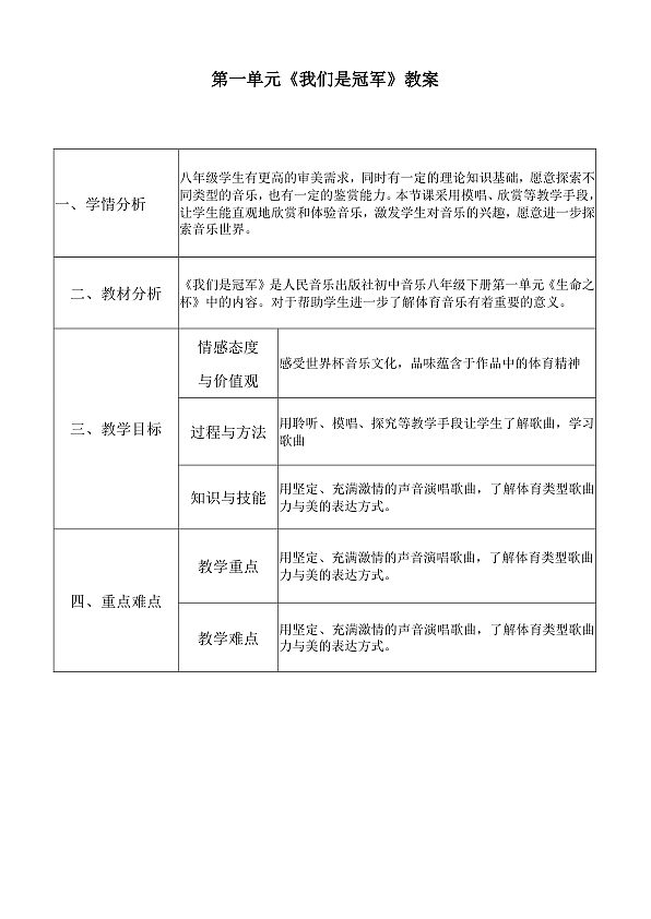 人音版音乐八年级下册 第一单元《我们是冠军》教案第1页