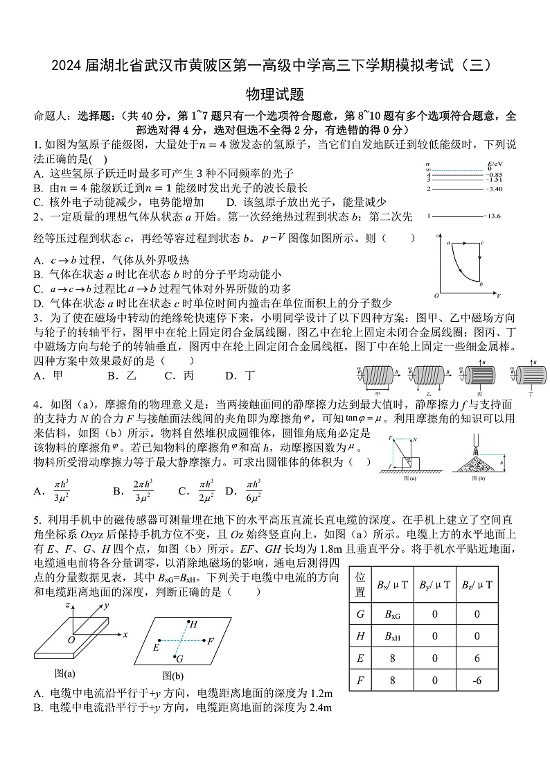 2024届湖北省武汉市黄陂区第一高级中学高三下学期模拟考试（三）物理 （解析版）01