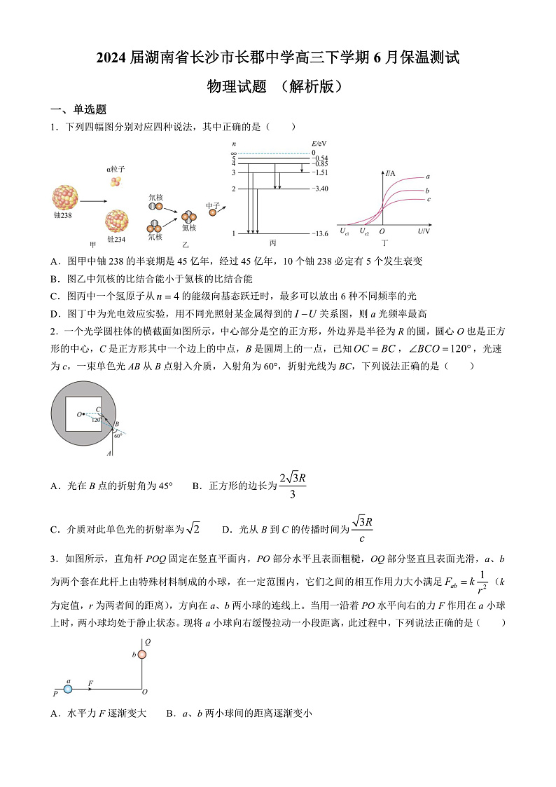 2024届湖南省长沙市长郡中学高三下学期6月保温测试物理试题 （解析版）01