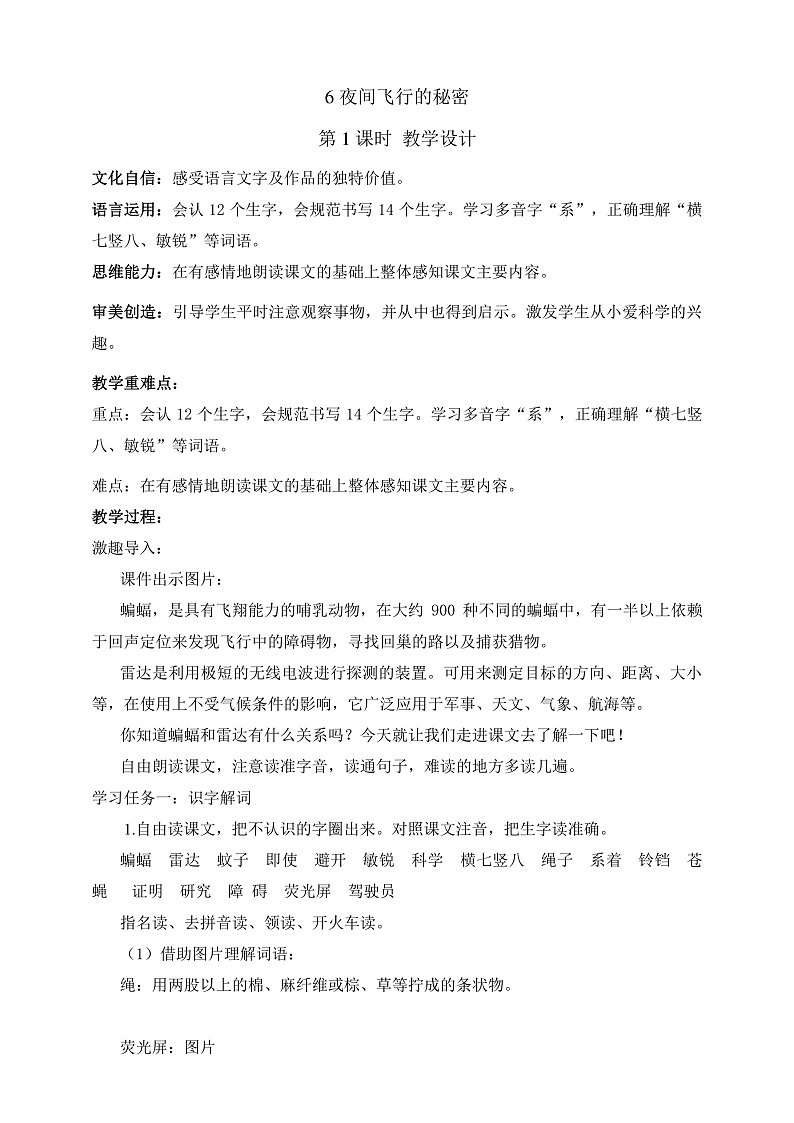 人教部编版语文四年级上册6《夜间飞行的秘密》 第1课时 课件+教案01