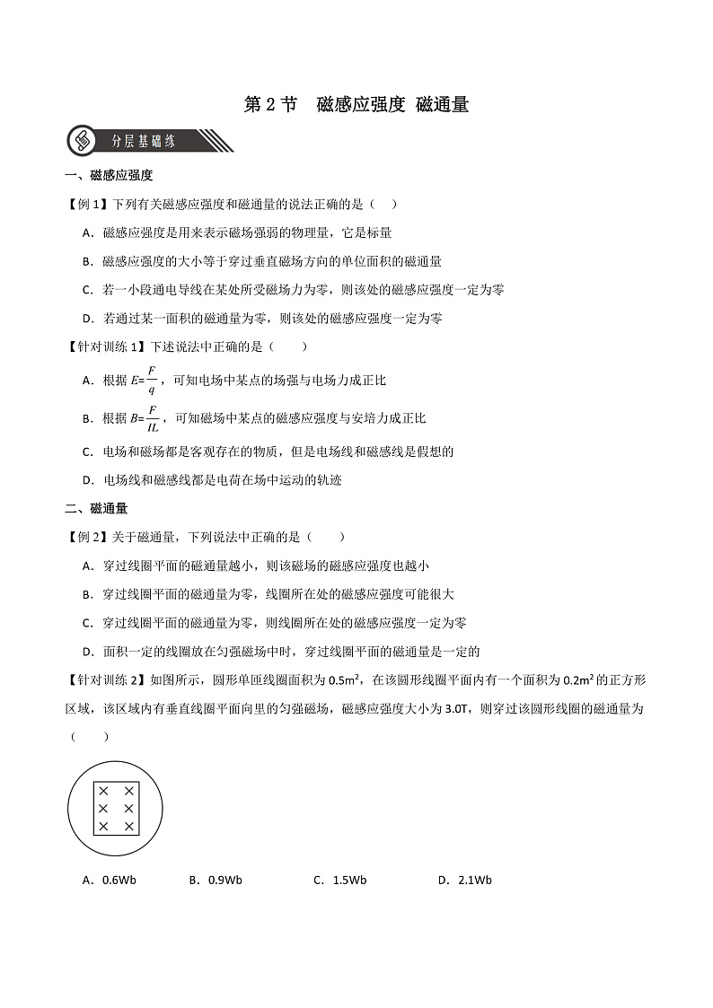 13.2磁感应强度 磁通量（分层练习）（原卷版）-人教版2019物理必修第三册第1页