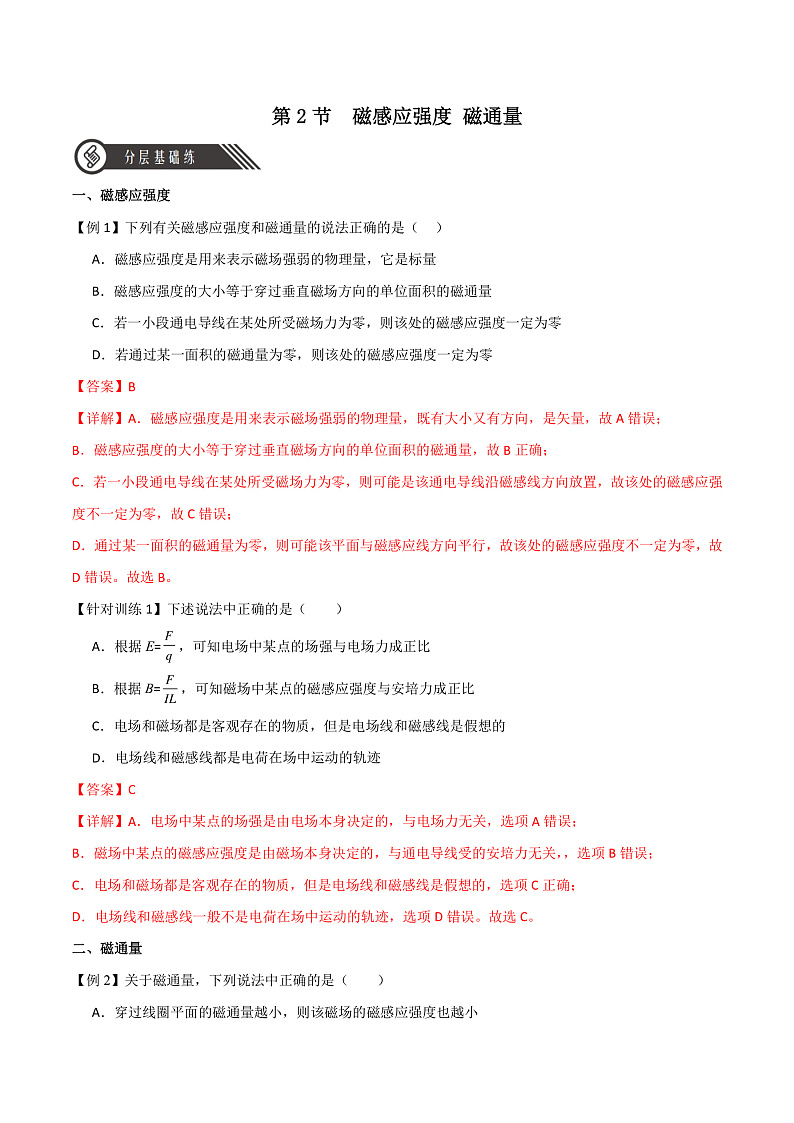 13.2磁感应强度 磁通量（分层练习）（解析版）-人教版2019物理必修第三册第1页