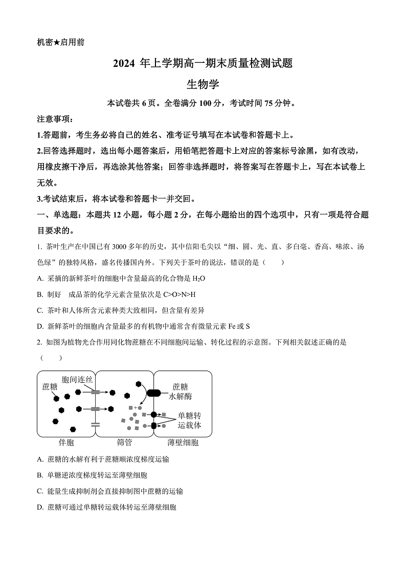 2024娄底涟源高一下学期7月期末生物试卷含解析01