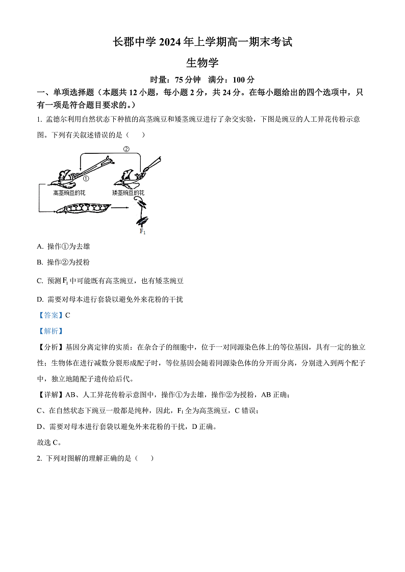 2024长沙长郡中学高一下学期期末考试生物试卷含解析01