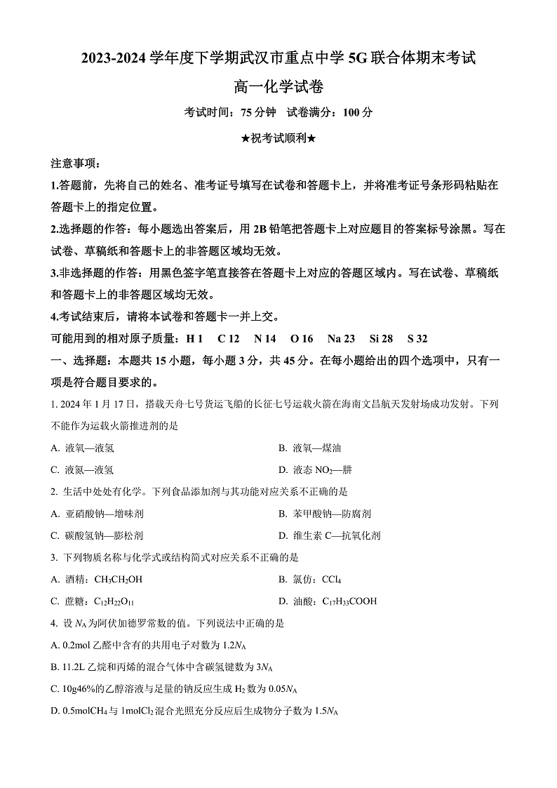 湖北省武汉市重点中学5G联合体2023-2024学年高一下学期期末考试化学试卷（原卷版）第1页