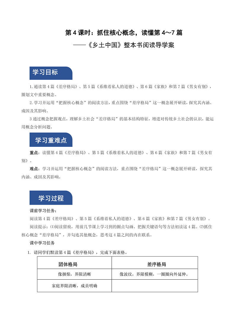 人教统编版高中语文必修上册《乡土中国》第4课时：抓住核心概念，读懂第4—7篇 课件+教案+导学案+分层作业01