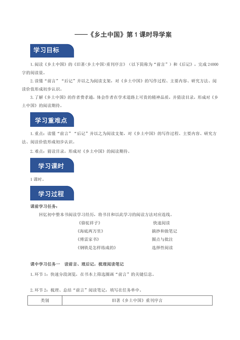 人教统编版高中语文必修上册《乡土中国》第1课时：读懂前言后记，激发阅读期待 课件+教案+导学案+分层作业01