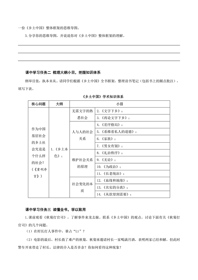 人教统编版高中语文必修上册《乡土中国》第7课时：梳理大纲小目，读懂全书内容 课件+教案+导学案+分层作业02
