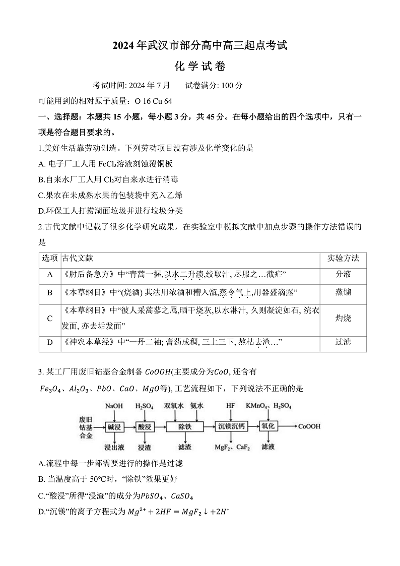 湖北省武汉市部分高中2025届高三上学期起点考试化学试卷第1页