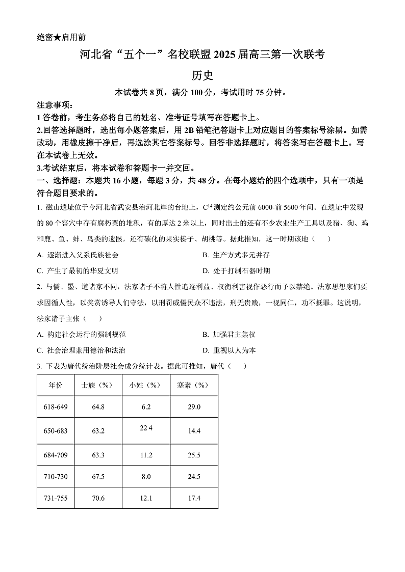 河北省“五个一”名校联盟2025届高三上学期第一次联考历史试题（原卷版）第1页