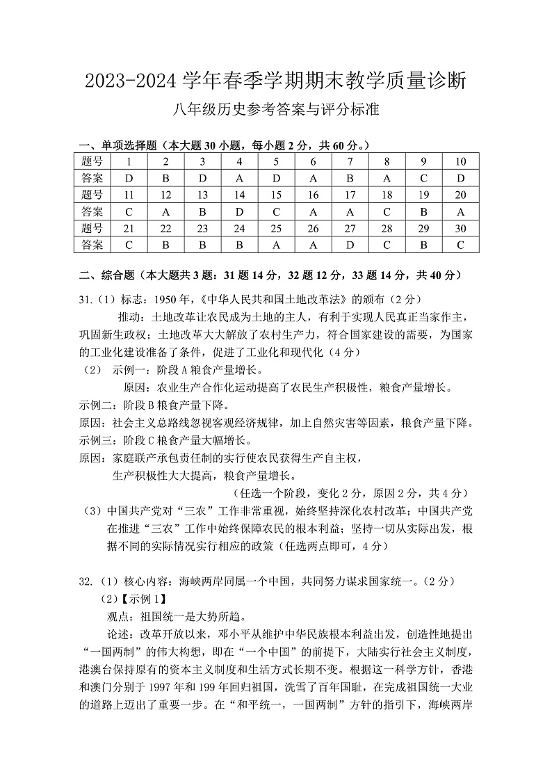 广东省惠州市博罗县2023-2024学年八年级下学期期末考试历史答案第1页