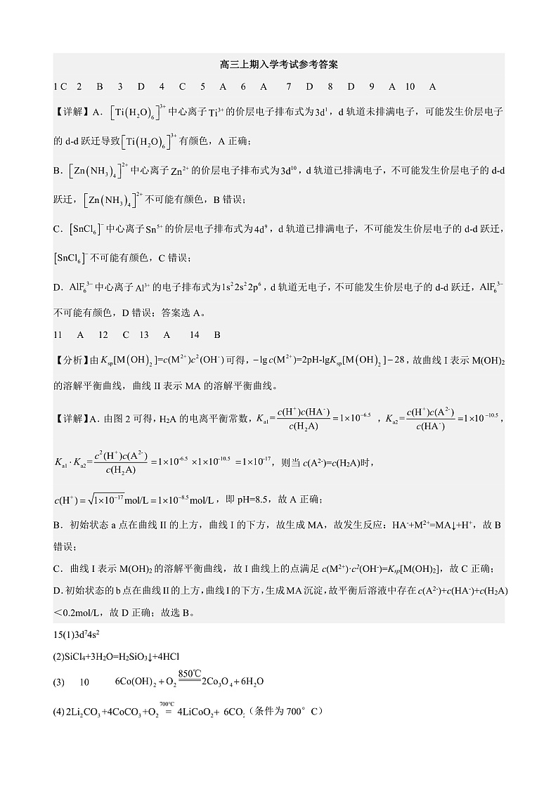 湖南省长沙市雅礼中学2024-2025学年高三上学期入学考试化学答案第1页