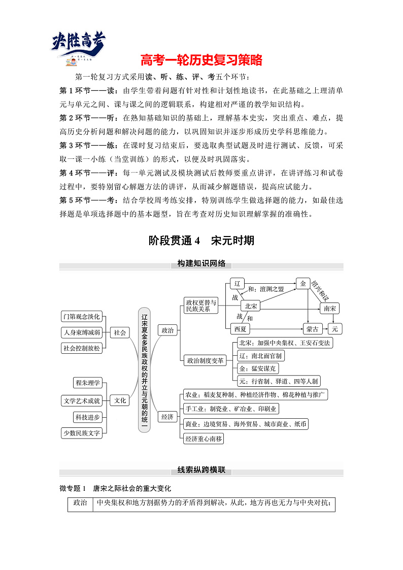 2025年新高考历史大一轮复习板块一　第四单元　阶段贯通4　宋元时期(课件+讲义+练习)01