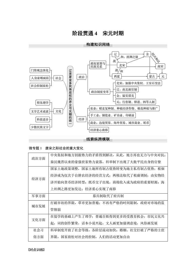 2025年新高考历史大一轮复习板块一　第四单元　阶段贯通4　宋元时期(课件+讲义+练习)01