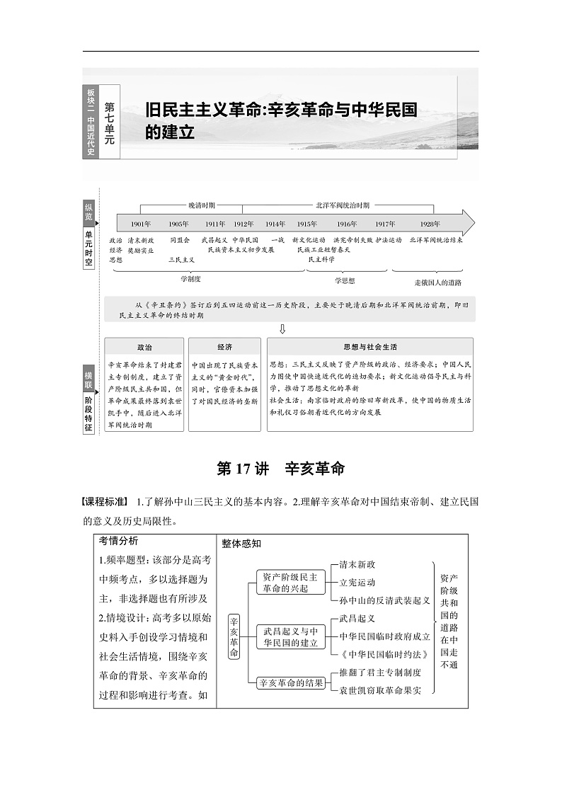 2025年新高考历史大一轮复习板块二　第七单元　第十七讲　辛亥革命(课件+讲义+练习)01