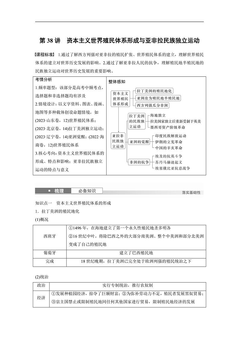 2025年新高考历史大一轮复习板块四　第十三单元　第38讲　资本主义世界殖民体系形成与亚非拉民族独立运动(课件+讲义+练习)01