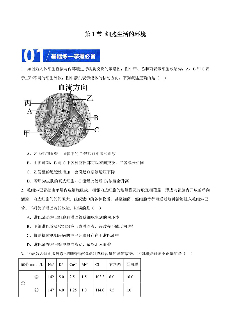 人教版高二生物选择性必修一 1.1 《细胞生活的环境》分层练习（原卷版）第1页