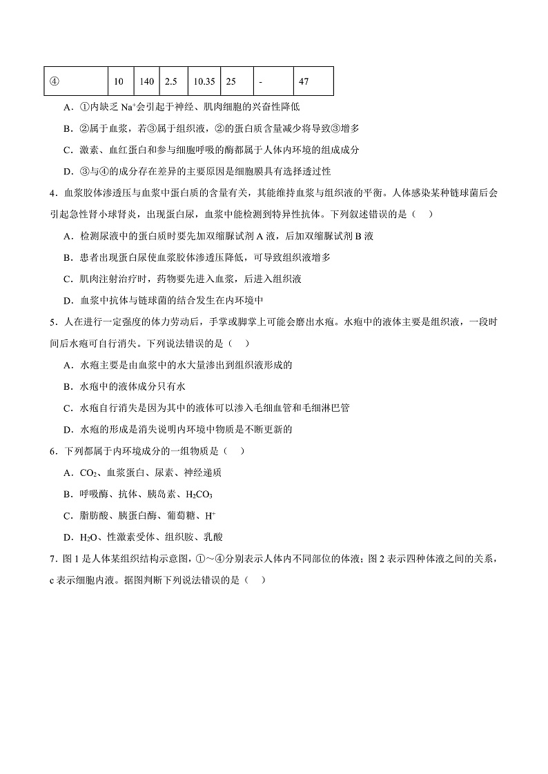 人教版高二生物选择性必修一 1.1 《细胞生活的环境》分层练习（原卷版）第2页