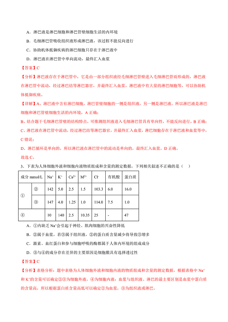 人教版高二生物选择性必修一 1.1 《细胞生活的环境》分层练习（解析版）第2页