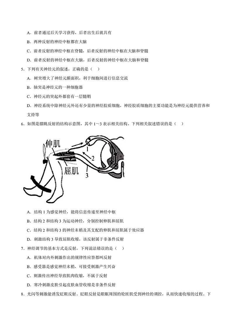人教版高二生物选择性必修一 2.2 《神经调节的基本方式》分层练习（原卷+解析卷）02