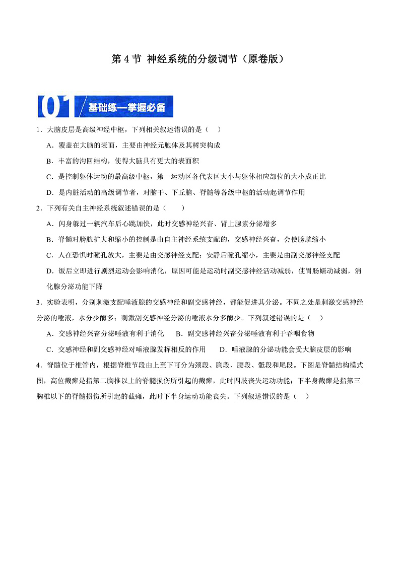 人教版高二生物选择性必修一 2.4 《神经系统的分级调节》分层练习（原卷+解析卷）01