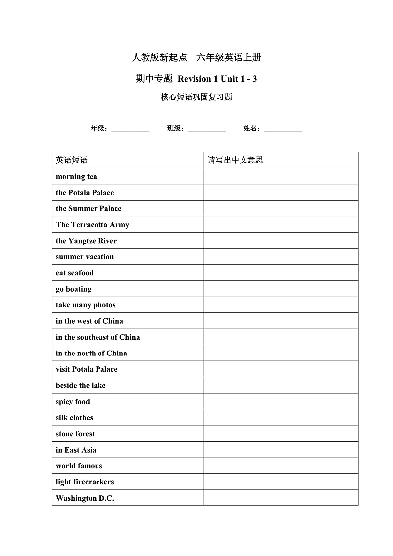 人教版新起点英语六上 Unit 1 - 3 核心短语复习讲义01