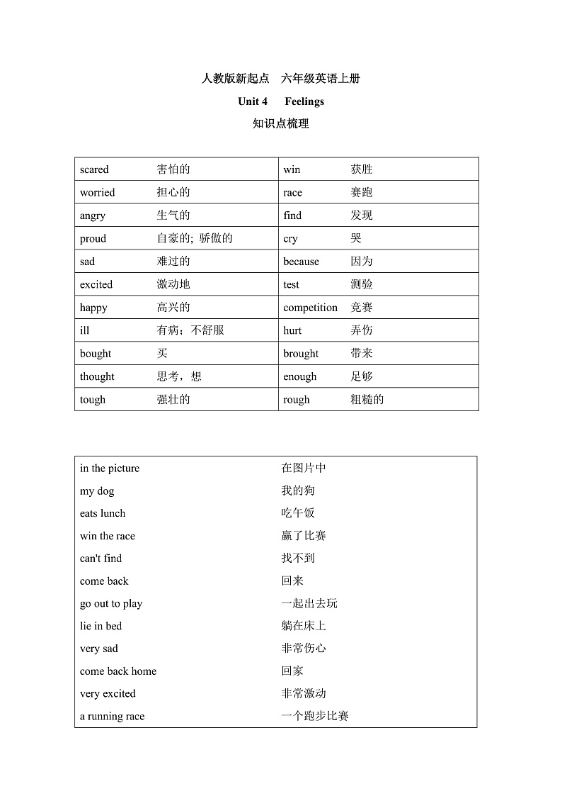 人教版新起点英语六上 Unit 4 《Feelings》知识点梳理讲义01