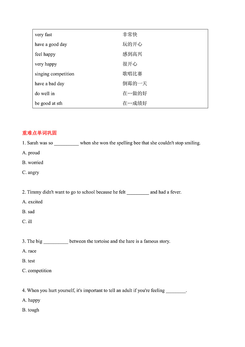 人教版新起点英语六上 Unit 4 《Feelings》知识点梳理讲义02