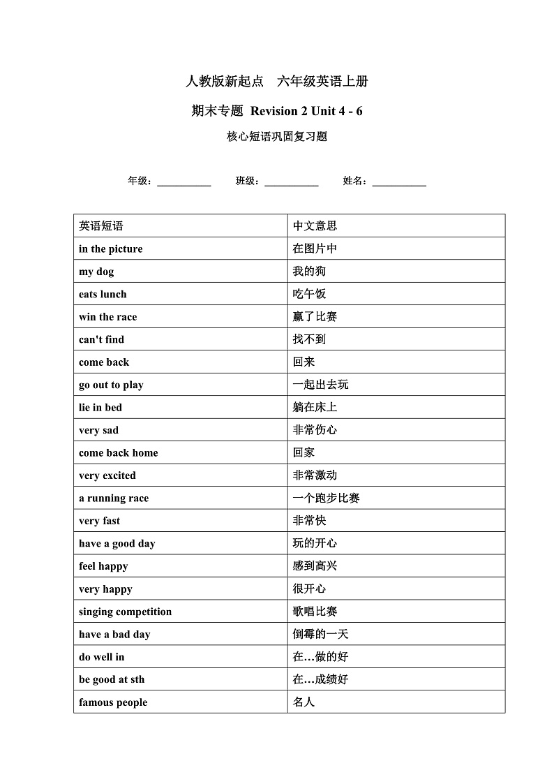 人教版新起点英语六上 Unit 4 - 6 核心短语复习讲义01