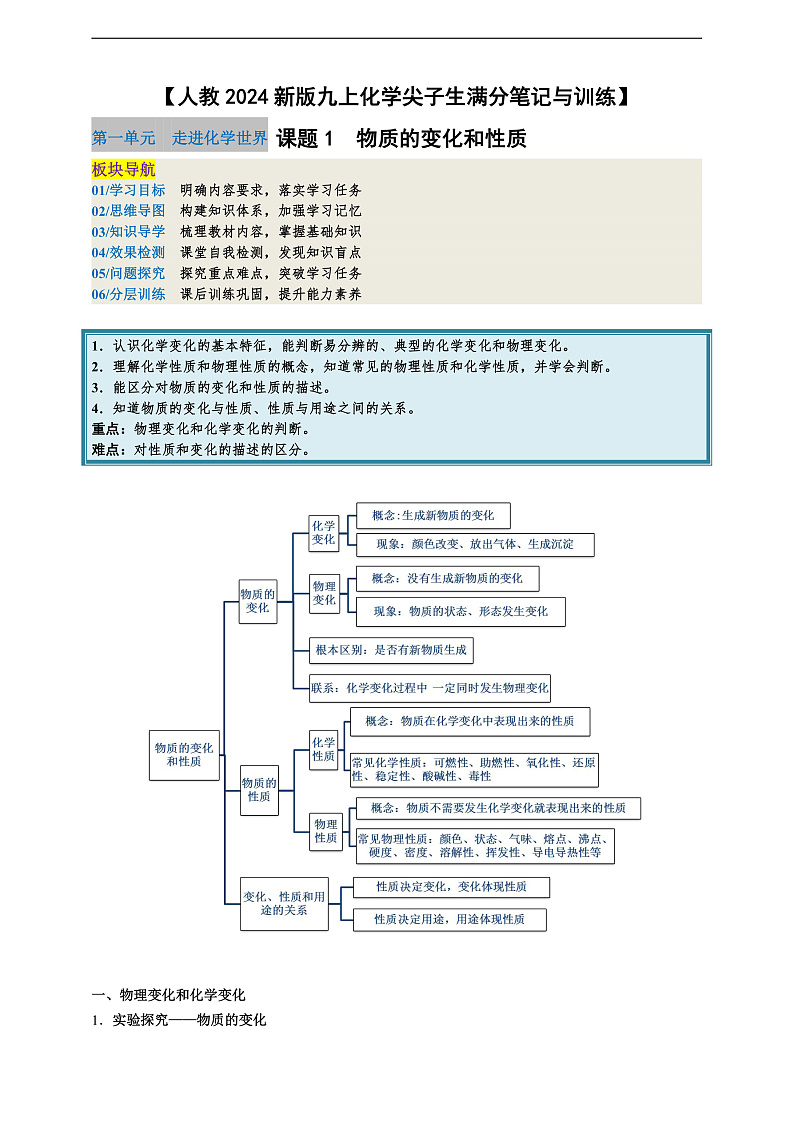 【培优训练】人教版2024初中化学九年级上册1.1物质的变化和性质（原卷版+解析版）01