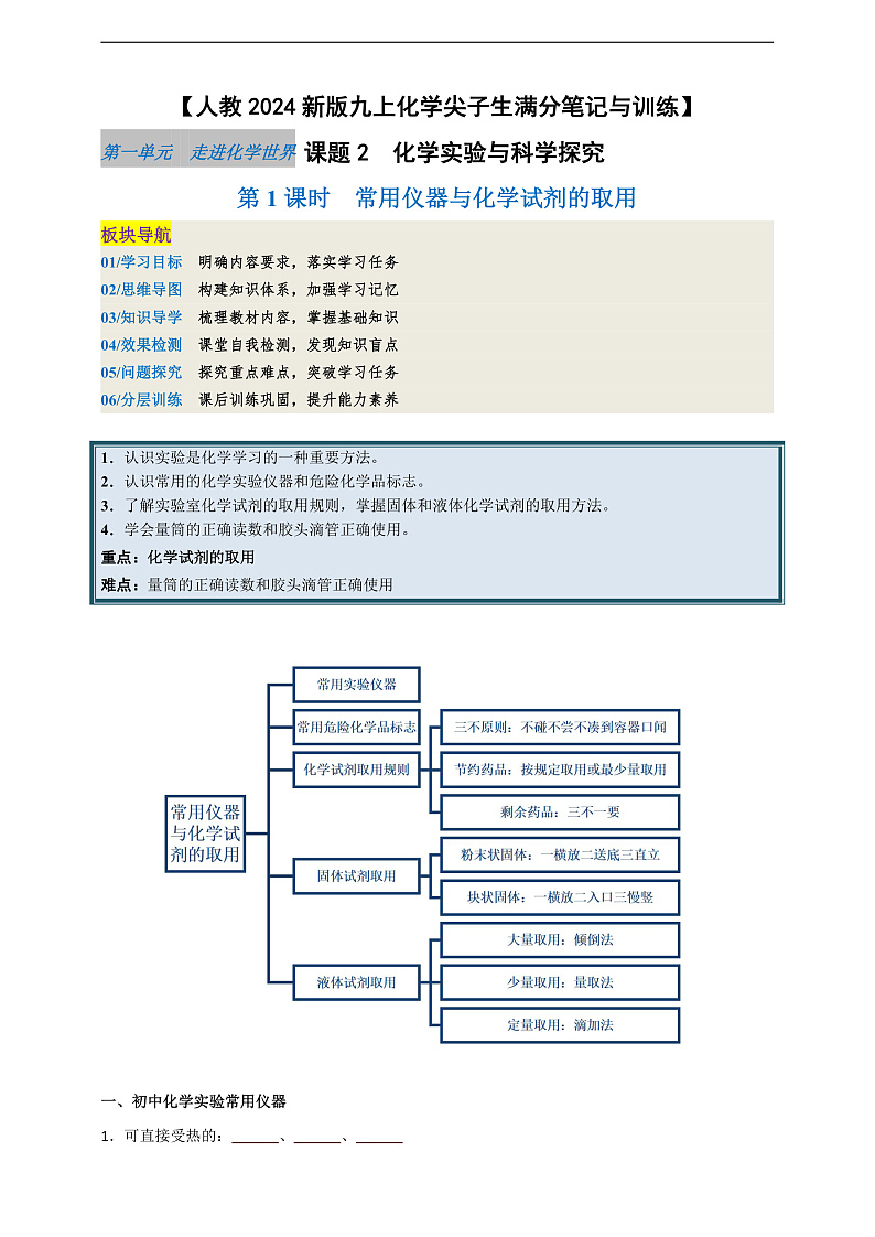 【培优训练】人教版2024初中化学九年级上册1.2.1常用仪器与化学试剂的取用（原卷版+解析版）01