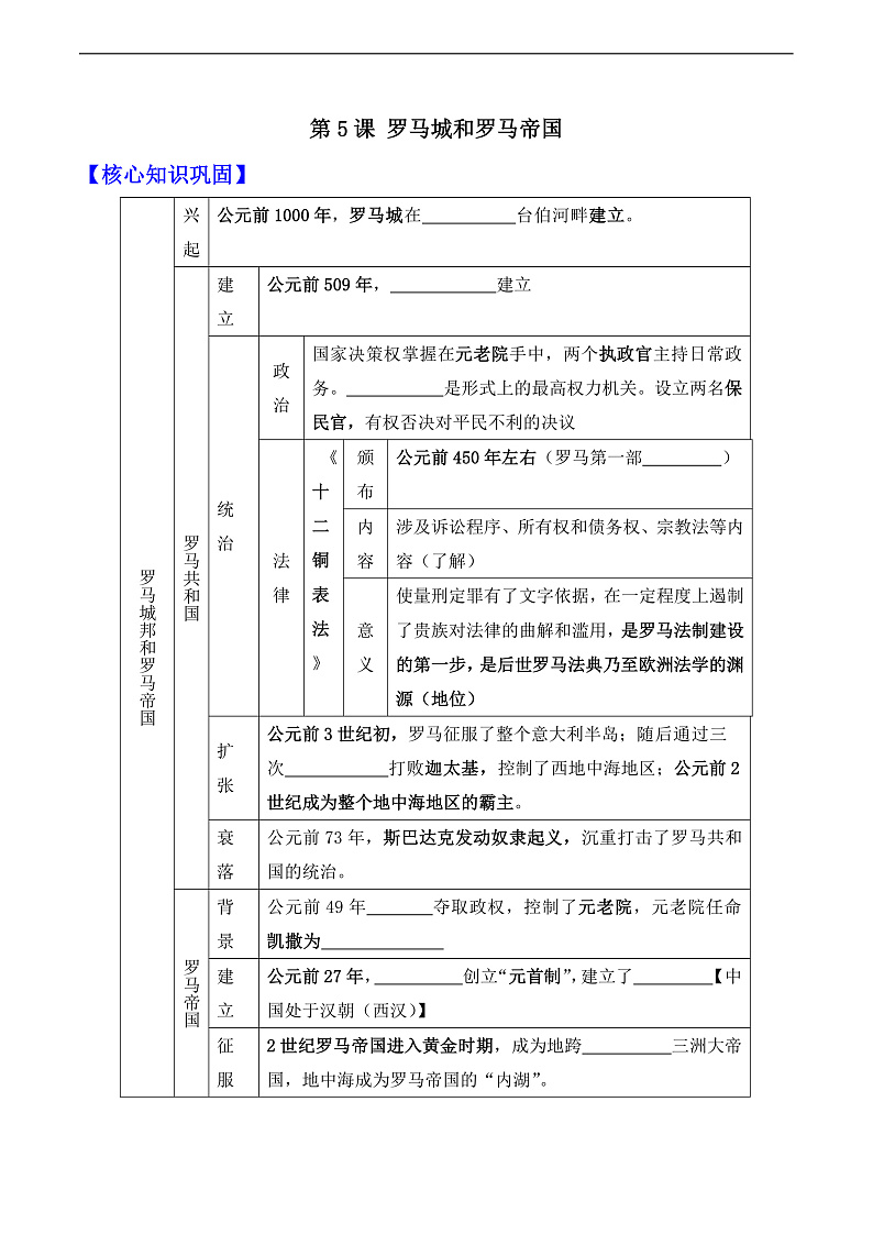第5课 罗马城邦和罗马帝国——九年级历史部版编版上册核心知识点（含答案）01