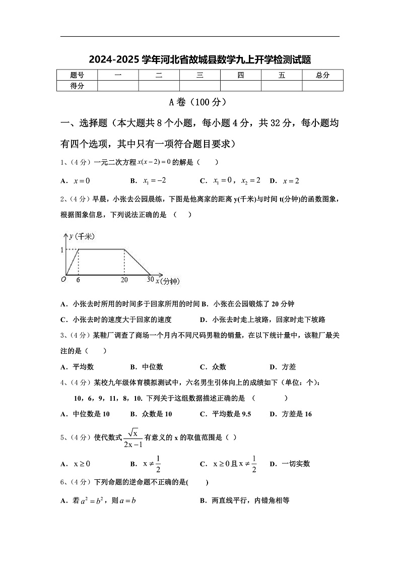 2024-2025学年河北省故城县数学九上开学检测试题【含答案】01