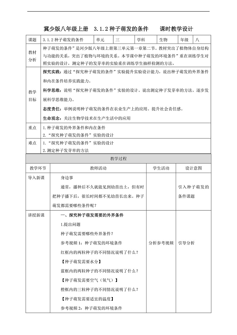 【新课标】冀少版生物八上3.1.2《种子萌发的条件》教案第1页