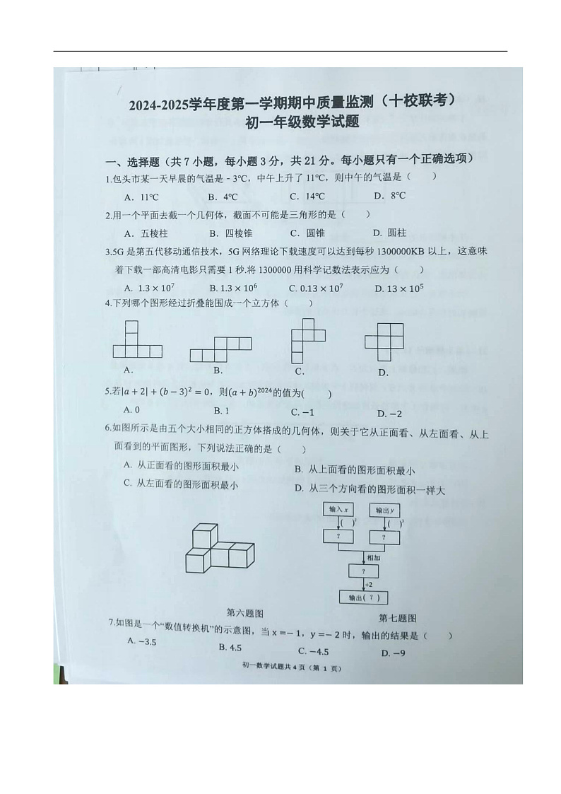 内蒙古自治区包头青山区2024-2025学年上学期期中质量监测十校联考七年级数学试题第1页
