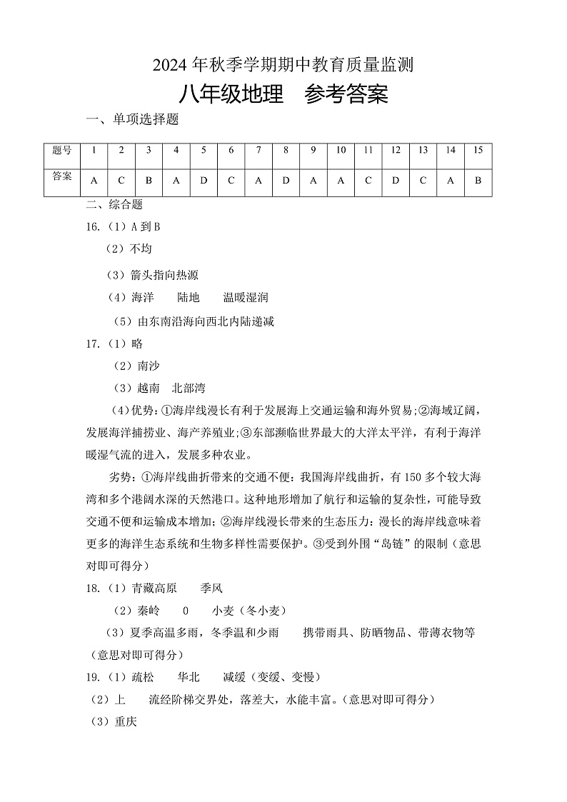 2024年秋季期八年级地理期中参考答案第1页