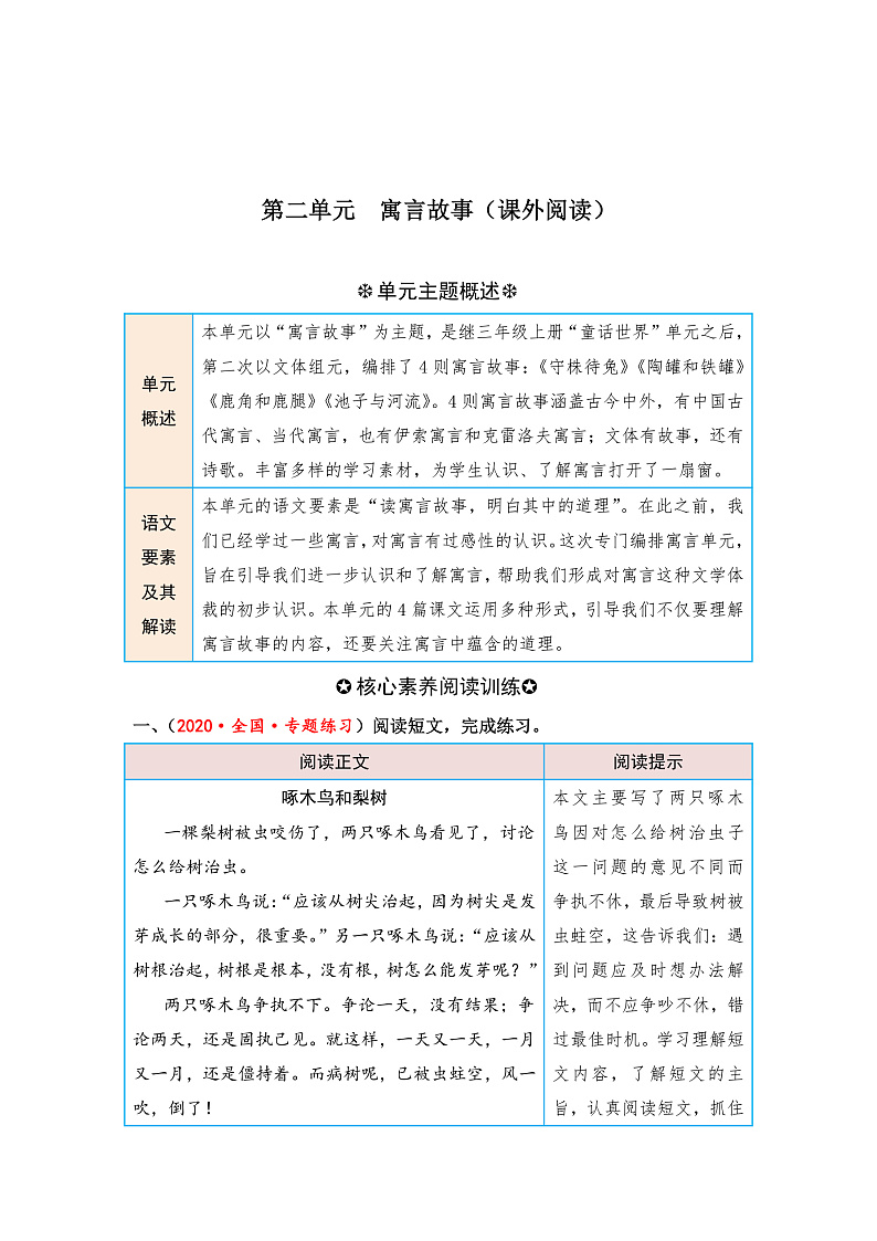 统编版小学语文三年级下册单元核心素养阅读练习第二单元 寓言故事（课外阅读）（含答案）第1页