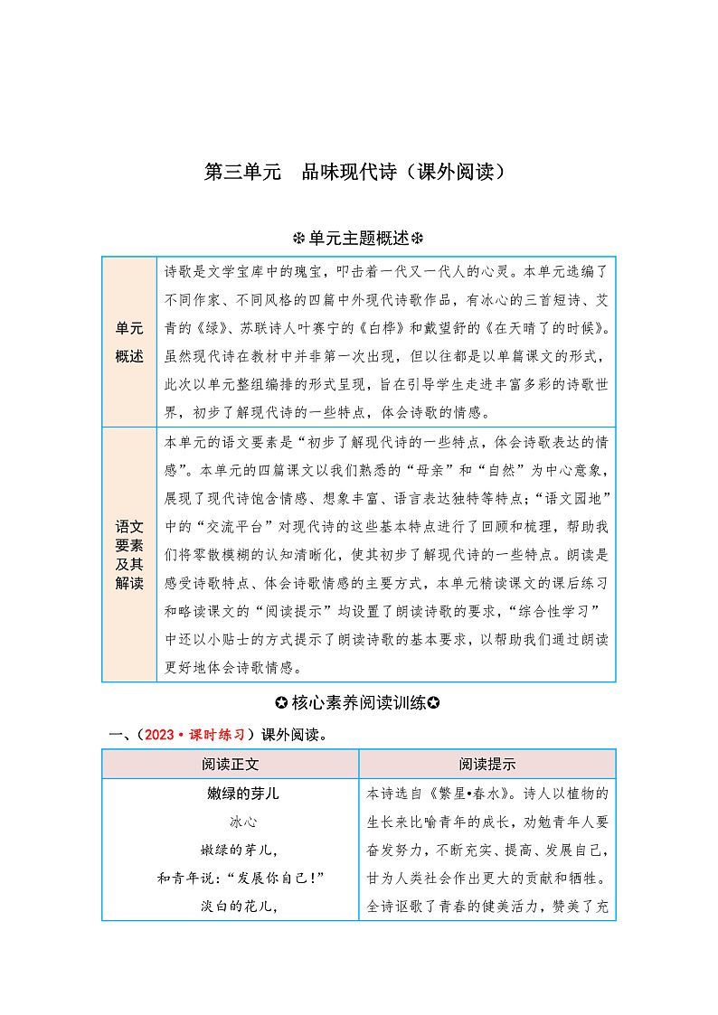 统编版小学语文四年级下册单元核心素养阅读练习第三单元 品味现代诗（课外阅读）（含答案）第1页
