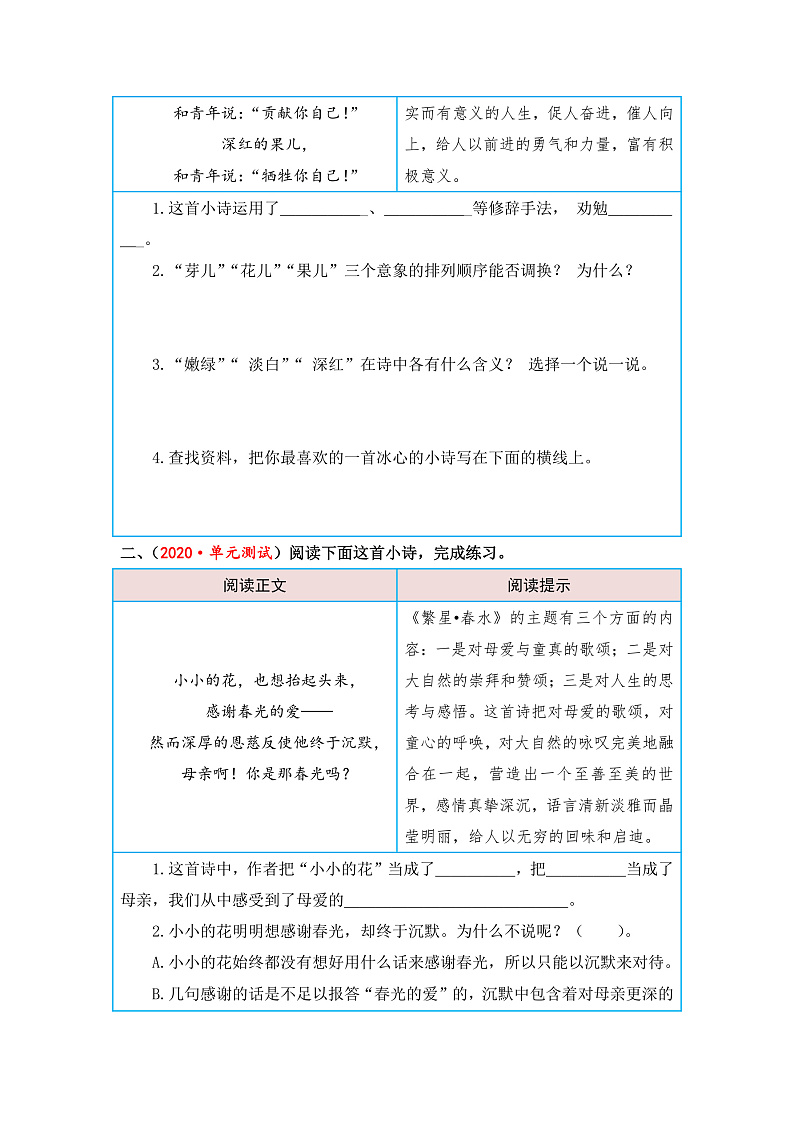 统编版小学语文四年级下册单元核心素养阅读练习第三单元 品味现代诗（课外阅读）（含答案）第2页