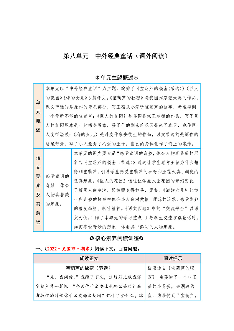 统编版小学语文四年级下册单元核心素养阅读练习第八单元 中外经典童话（课外阅读）（含答案）第1页