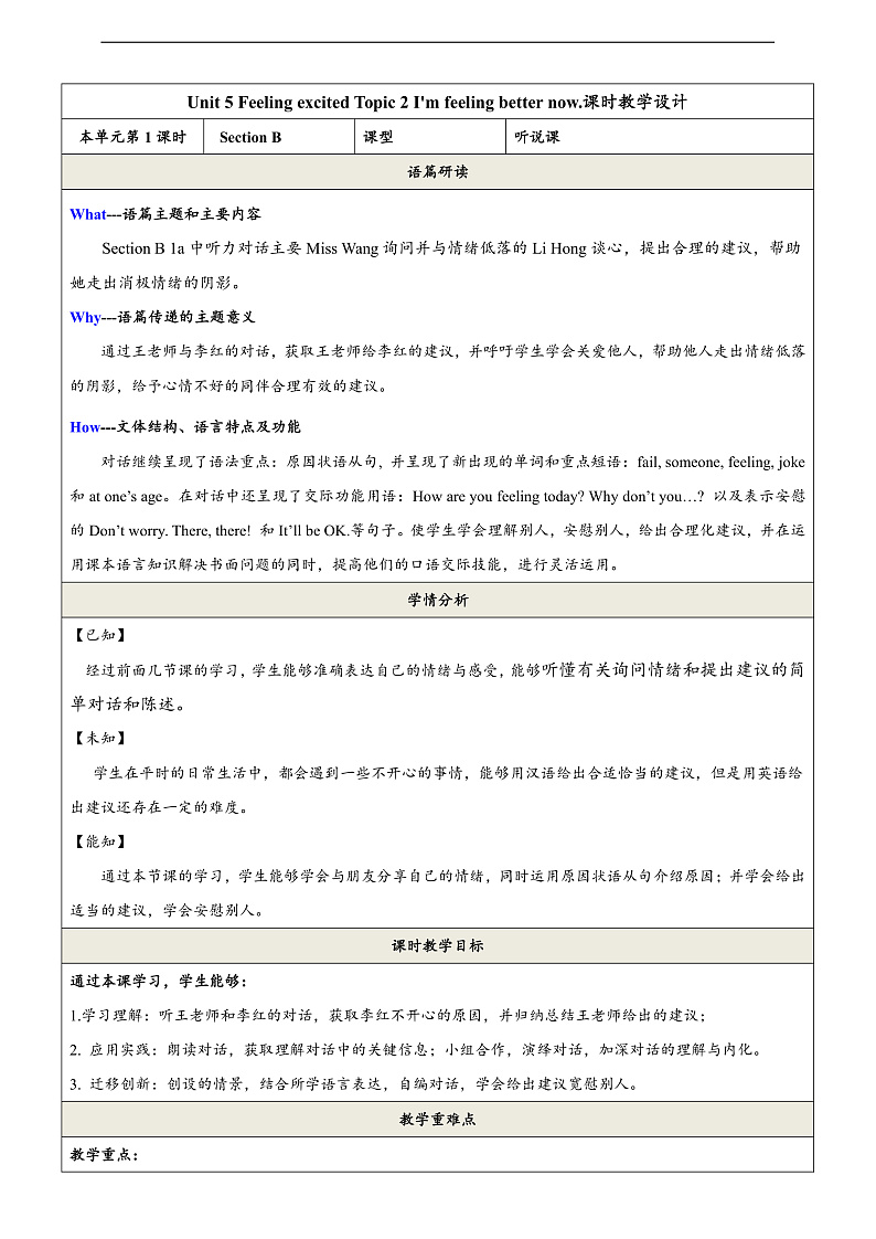 仁爱科普版英语八下 Unit 5 Topic 2 《 I’m feeling better now》Section B 教案第1页