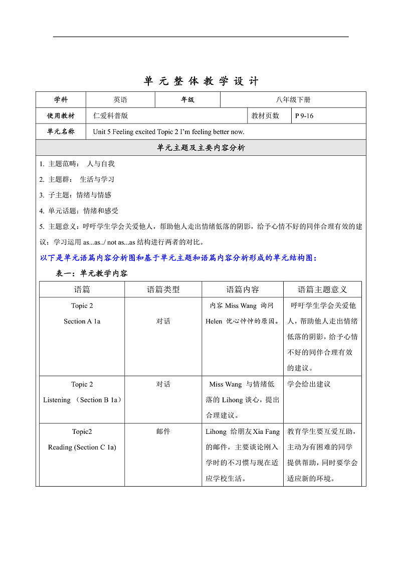 仁爱科普版英语八年级下册 Unit 5 Topic 2  大单元教学设计第1页