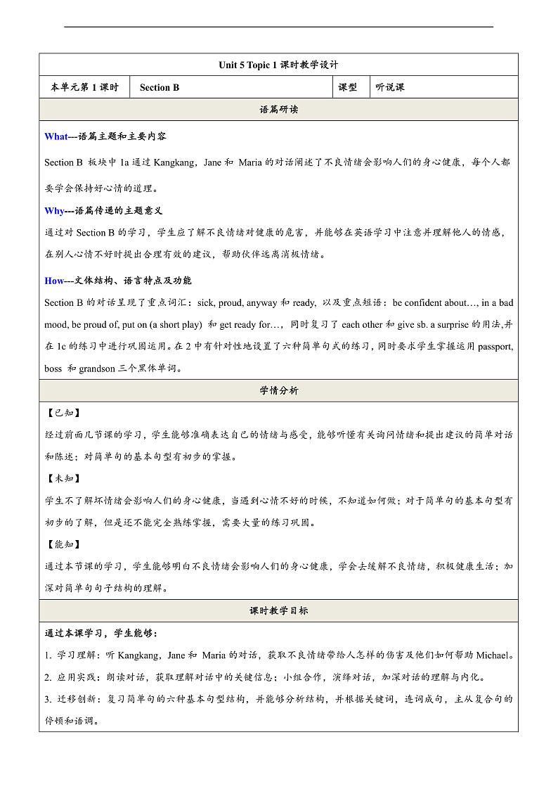 仁爱科普版英语八下 Unit 5 Topic 3 《Feeling Excited》Section B 教案第1页