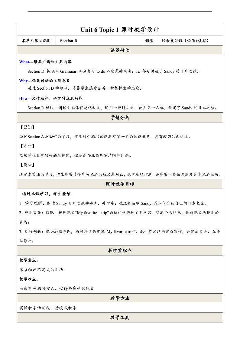 仁爱科普版英语八下 Unit 6 Topic 1 《Enjoy Cycling》Section D 教案第1页