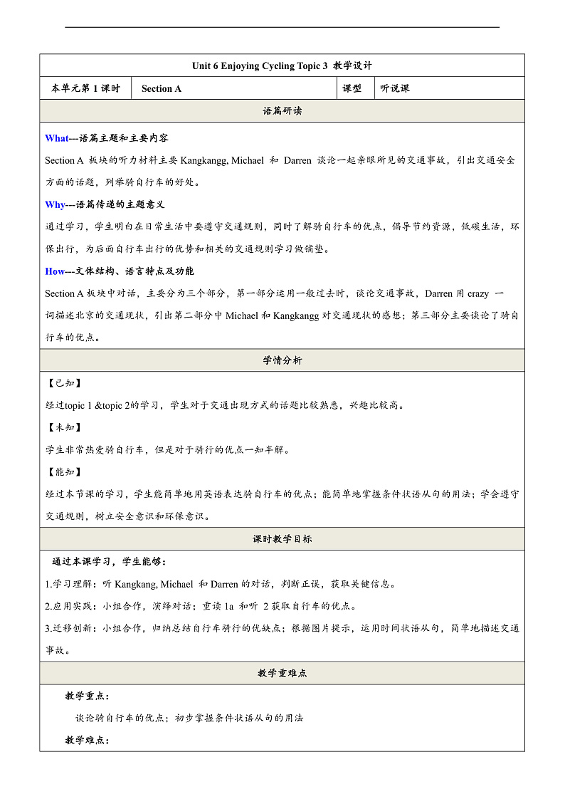 仁爱科普版英语八下 Unit 6 Topic 3 《Enjoy Cycling》 Section A 教案第1页