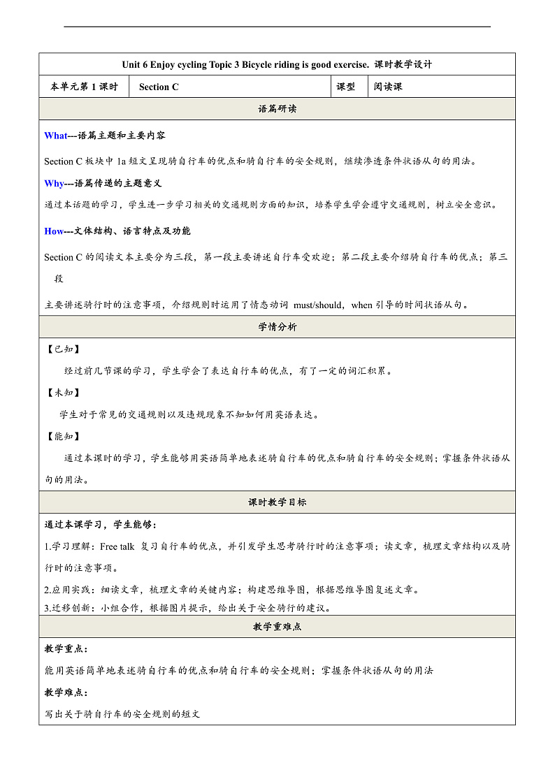 仁爱科普版英语八下 Unit 6 Topic 3 《Enjoy Cycling》Section C 教案第1页