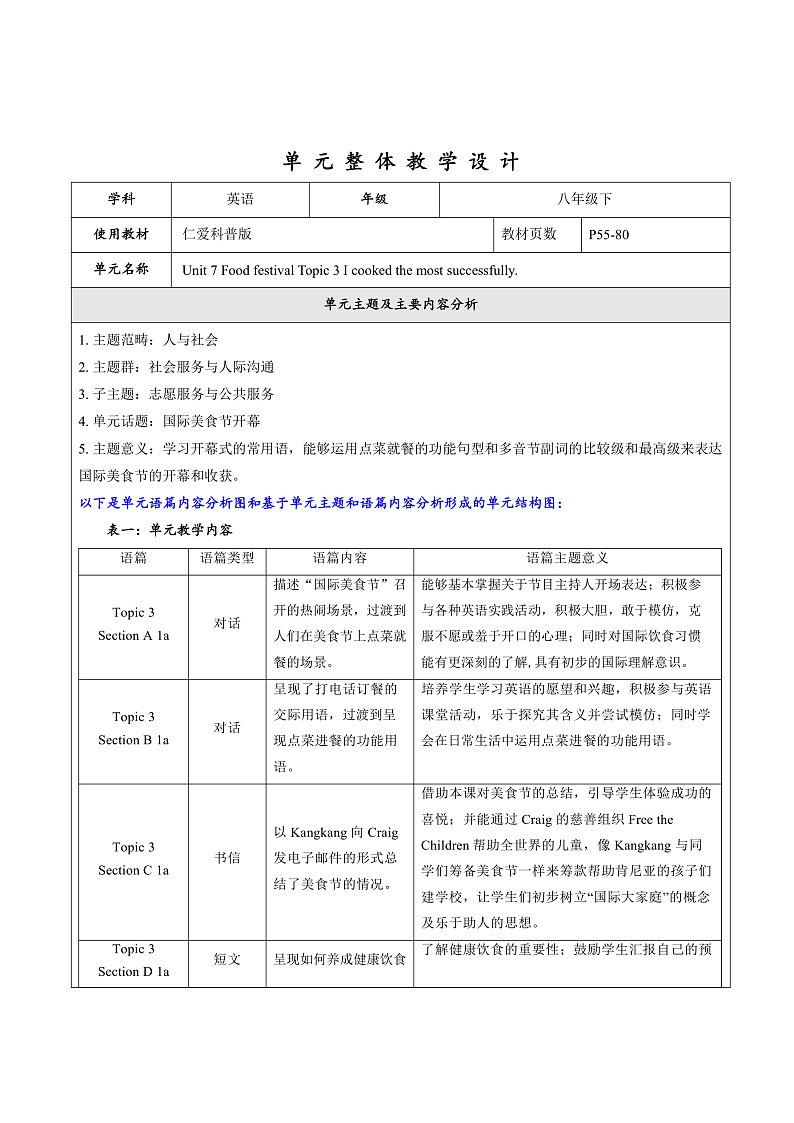 仁爱科普版英语八下 Unit 7 Topic 3 《Food festival》  Section A 教案第1页